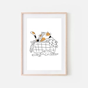 Calico Cat Funny Laundry Room Decor, Cute Cat in Dirty Clothes Basket Wall Art, Bathroom Print, Line Drawing, Printable Digital Download