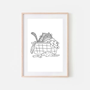 Décoration de salle de lavage drôle de chat tigré gris, chat mignon dans un panier à linge sale, art mural, impression de salle de bain, dessin au trait, imprimable en téléchargement numérique