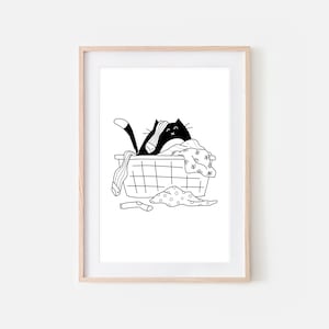 Tuxedo Cat Funny Laundry Room Decor, Cute Cat in Dirty Clothes Basket Wall Art, Bathroom Print, Black and White Drawing, Printable Download