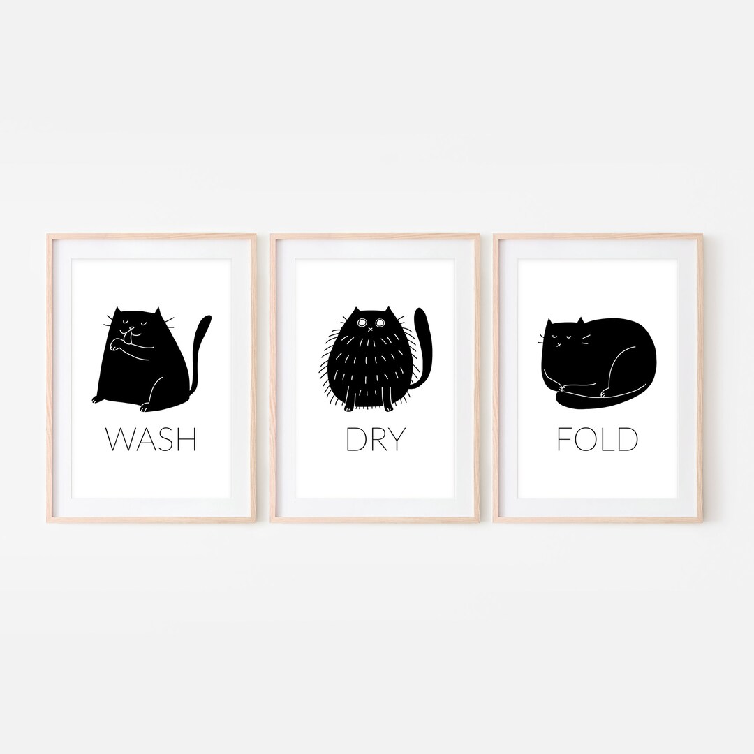 Set of 3 Black Cat Funny Laundry Room Decor, Wash Dry Fold Signs ...