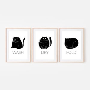 Set of 3 Black Cat Funny Laundry Room Decor, Wash Dry Fold Signs, Bathroom Wall Art, Black and White Prints, Printable Digital Download