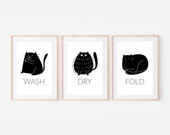 Set of 3 Calico Cat Funny Laundry Room Decor, Wash Dry Fold Signs ...