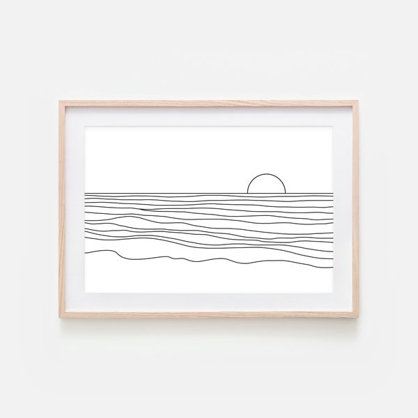 Sunset Beach Line Art, Abstract Ocean Landscape Drawing, Minimalist Coastal Wall Decor, Large Black and White Print, Printable Downloadable