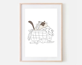 Siamese Cat Funny Laundry Room Decor, Cute Cat in Dirty Clothes Basket Wall Art, Bathroom Print, Line Drawing, Printable Digital Download
