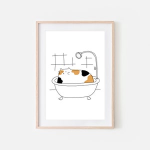 Calico Cat Bath Art, Funny Bathroom Wall Decor, Cute Restroom Print, Fun Cat Illustration, Line Drawing, Large Printable, Digital Download