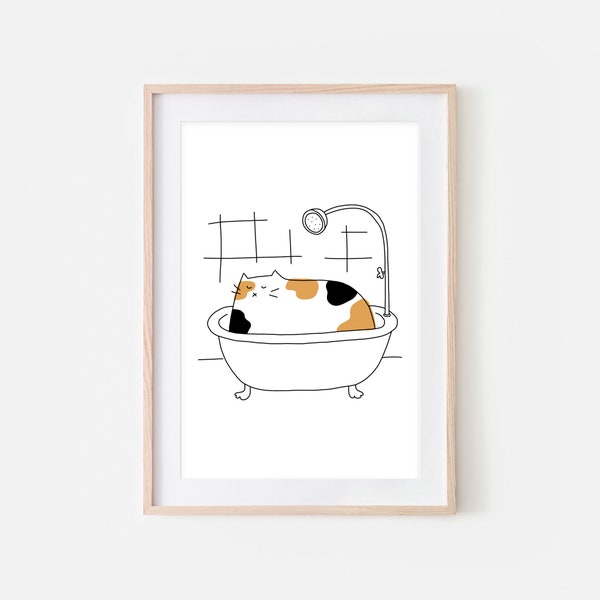 Calico Cat Bath Art, Funny Bathroom Wall Decor, Cute Restroom Print, Fun Cat Illustration, Line Drawing, Large Printable, Digital Download