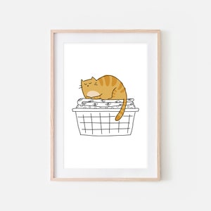 Orange Tabby Cat Funny Laundry Room Decor, Cute Ginger Cat in Folded Clothes Basket Wall Art Drawing, Bathroom Print, Printable Download