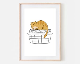 Orange Tabby Cat Funny Laundry Room Decor, Cute Ginger Cat in Folded Clothes Basket Wall Art Drawing, Bathroom Print, Printable Download
