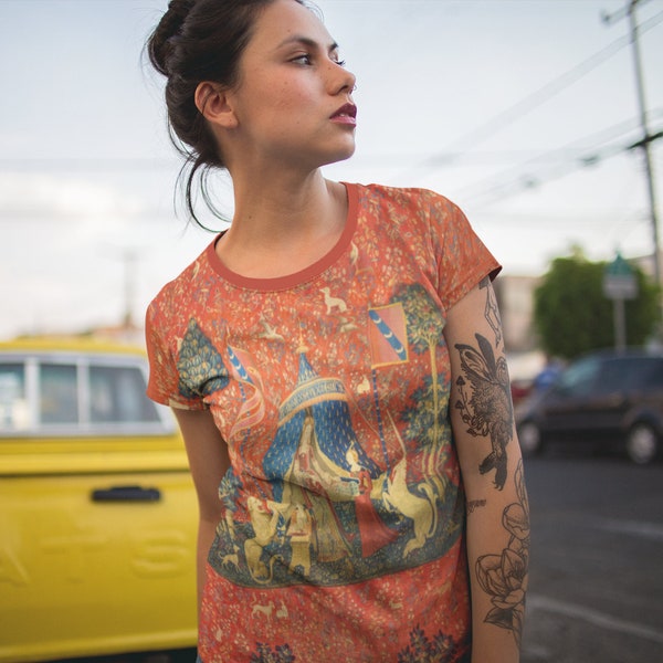 Women's Tee: The Lady and the Unicorn tapestry, medieval illumination, All-Over-Print Cut & Sew T-shirt