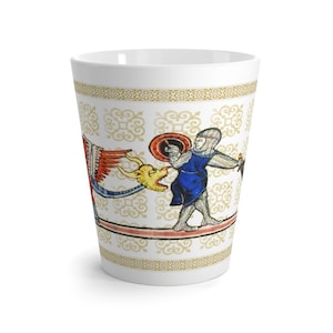 Knight being harrassed by a Dragon and a Lion, medieval marginalia Latte mug