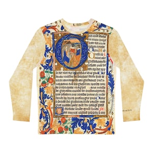 Camiseta unissex de manga comprida: Camiseta com estampa completa do manuscrito medieval, caligrafia e iluminação