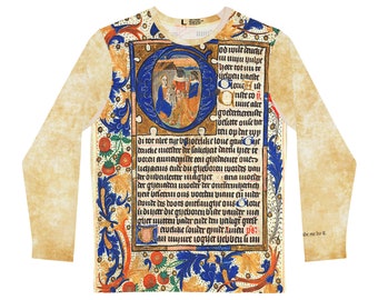 Unisex Long Sleeve Tee: Medieval Manuscript All-Over-Print T-shirt, calligraphy & illumination
