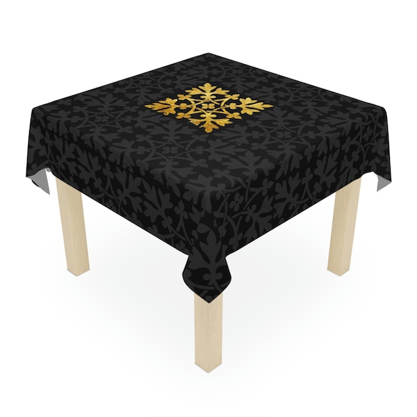 55"x55" Tablecloth: Medieval tile, Black & Gold Geometric Print Historical Tablecloth