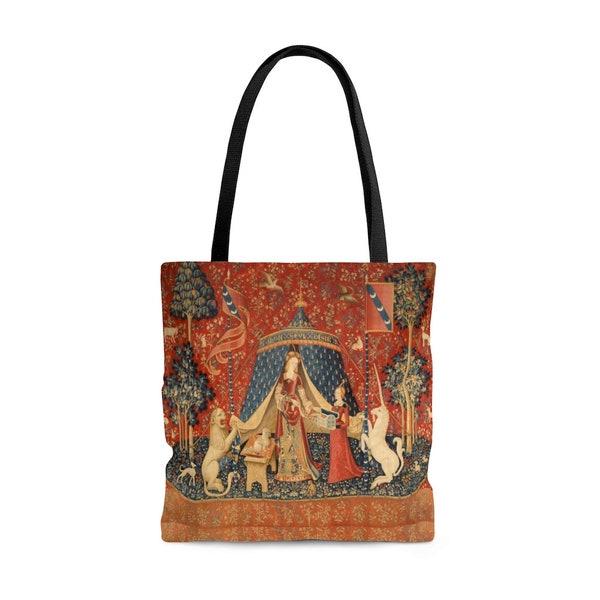 Tote: Lady and the Unicorn tapestry medieval illumination "All over print" medieval art Tote Bag in size Large