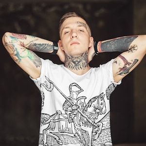 Unisex Tee: Mounted medieval knight woodcut - Unisex AOP Cut & Sew T-shirt