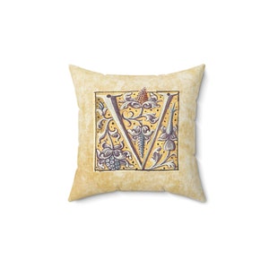 Letter V, medieval calligraphy, illumination, Faux Suede Square Pillow