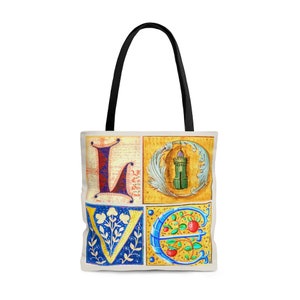 Love Tote, middeleeuwse verlichte letters, AOP Art Tote Bag
