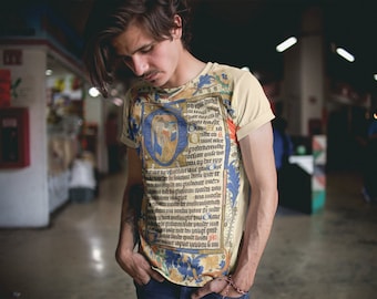 Unisex Tee: Medieval manuscript, All-Over-Print t-shirt, calligraphy & illumination