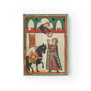 May include: A medieval manuscript illustration depicting a knight on horseback receiving a wreath from a woman in a tower. The knight is wearing armor and a red cloak, and the woman is wearing a blue dress. The illustration is framed in a red border.