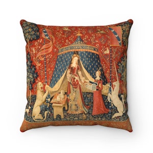 The Lady & the Unicorn tapestry, medieval illumination, Faux Suede Square Pillow