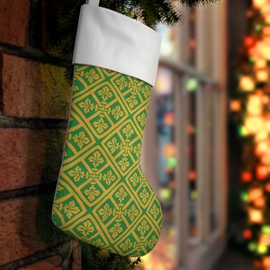 Stocking: Medieval green & gold geometric leaf tile print holiday stocking