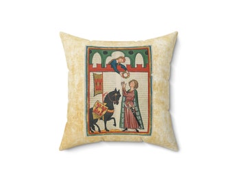 Pillow: Medieval Manuscript Illumination Art, "Earning the Favour" Faux Suede Pillow in Four Sizes
