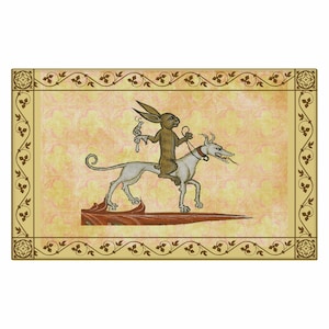 20&quot;x32&quot; Rug: Medieval Painting of Rabbit Out for a Ride, Medieval Marginalia Historical Painting with Medieval Geometric Gothic Tile Pattern