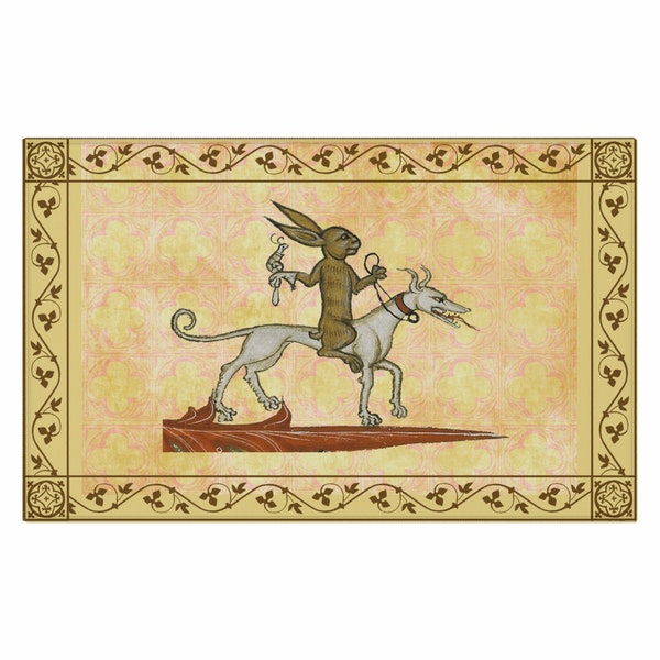 20"x32" Rug: Medieval Painting of Rabbit Out for a Ride, Medieval Marginalia Historical Painting with Medieval Geometric Gothic Tile Pattern