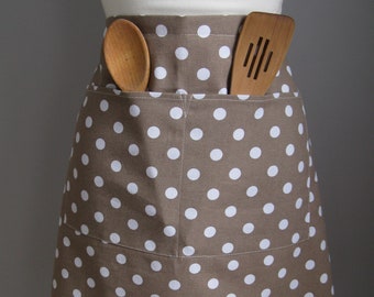 Womens half apron - Apron with pockets - taupe polka dot apron - apron gift for her - kitchen apron - crafters apron - garden apron