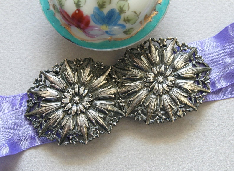 Art Nouveau SASH BUCKLE / Two-Piece Antique French Silvered Belt Buckle - Floral Buckle for top Wedding Dress / Something Old, Forget Me Nots