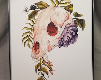 Wolf Skull And Berries In Bloom Tattoo Flash Prints
