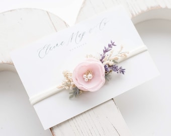 Newborn Baby Headband - Photos Props - Baby Girl Headband - Pink and White Small Floral- Vintage Inspired