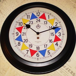 Peut inclure: Une horloge à cadre noir avec un cadran blanc et un cadran de 24 heures. Le cadran comporte des marques triangulaires rouges, jaunes et bleues. Le cadran de l'horloge comporte également le texte "RAF" et "Atkins & Mawson Derby".