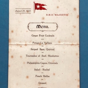 WHITE STAR LINE Prywatne menu z 1922 r. Podpisane przez J. M. Schencka, założyciela Twentieth Century Pictures i gwiazdę Hollywood „A” Normę Talmadge.
