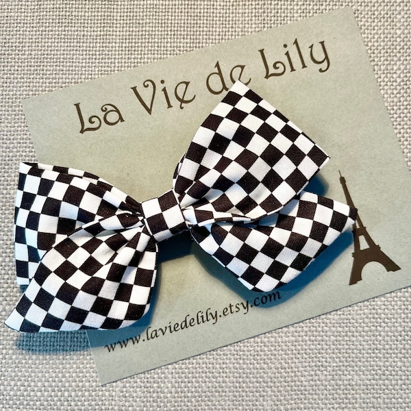 Racing Check bow, Checkered bow white Black plaid fabric white black bow headband Checkered flag bow, 2Fast Bow, Punk bow, Race car bows