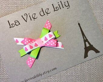 Pink Watermelon Bow, half birthday photo prop, Summer birthday Parties Picnic 1st Birthday clip, one in a melon, hair accessory, baby bows