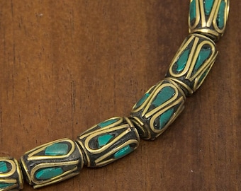 5 PCS Turquoise Brass Inlay Beads – Handmade Tibetan Spacer Beads