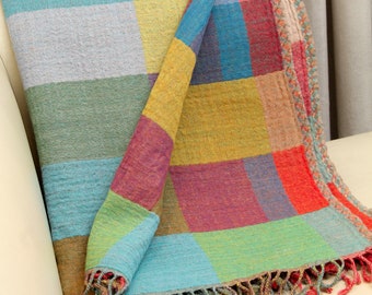 Tibet Multicoloured Boiled Pure Wool Blanket - Super Soft Checked Blanket Housewarming Gift - Pure Wool Throw Blanket Home Gift