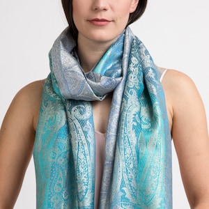 Aqua Blue Silk Scarf Travel Accessories - Pure Silk Scarf Eid Gift - 100% Silk Scarf Pashmina Scarf Gift For Mom