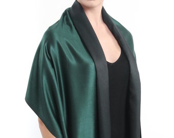 Green & Black Silk Scarf Travel Accessories - 100% Pure Silk Green Scarf Gift For Mom - Reversible Plain Silk Scarf Eid Gift