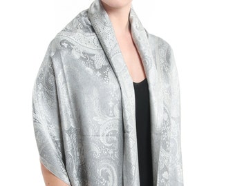 Silver Paisley Silk Scarf - Long Silk Scarf Gift for Her- Hand Woven Pure Silk Pashmina Shawl