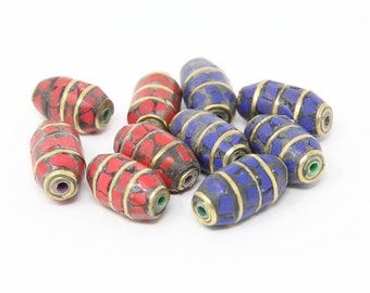 5PCS Lapiz Lazuli & Red Coral Tube Beads for Diy Jewellery Making - Tibetan Beads Diy Craft Kit - Nepal Beads Craft Supplies