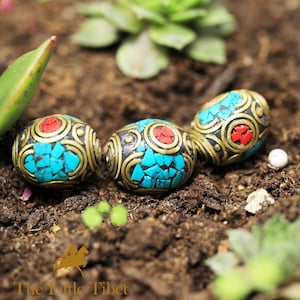 Turquoise & Tibetan Red Coral Inlay Beads for Diy Jewellery Making - Tibetan Beads Diy Craft Kit - Nepal Beads Craft Supplies