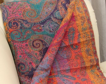 Purple & Orange Boiled Wool Blanket Unique Gift - Super Soft Paisley Orange Blanket Housewarming Gift - Pure Wool Throw Blanket Home Gift