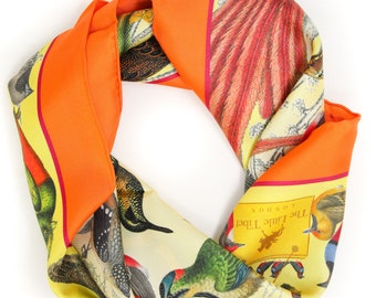 Bird Print 100% Silk Square Scarf – Hand-Rolled Hem, London Design