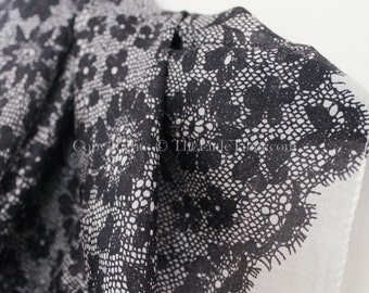 Black Lace 100% Silk Square Scarf - Monochrome Silk Bandana Travel Accessories - Head Scarf Gift For Women