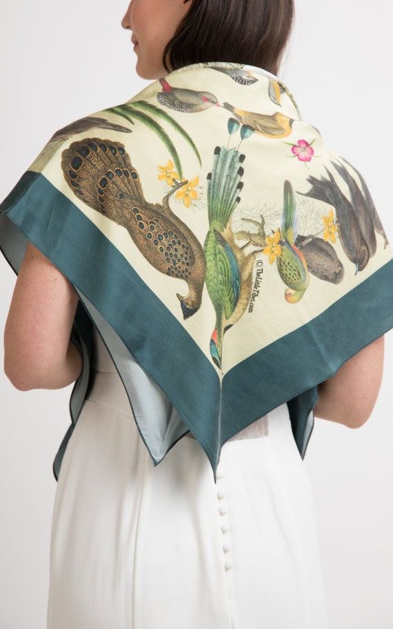 鳥柄100%シルクスクエアスカーフ – 手巻き裾 - Etsy 日本