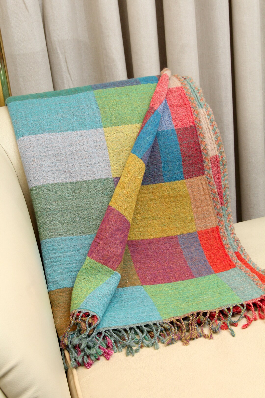Multicoloured Check Boiled Wool Blanket Pure Wool Throw Etsy UK