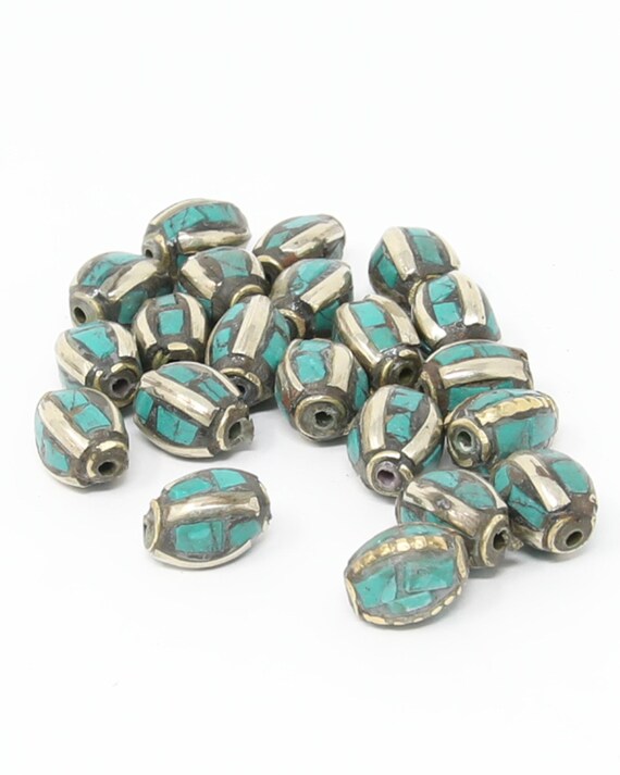 Turquoise Tibetan Beads Barrel Shape Beads Turquoise Inlay Etsy