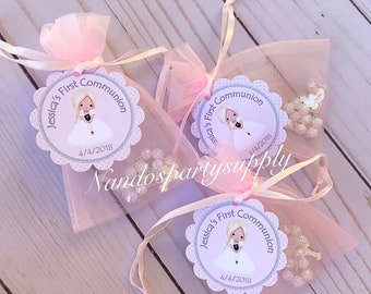 24 organza bags with mini rosaries included and thank you card-girl communion favors- Christening Baptism girl favors -first communion favor
